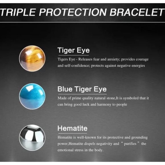 10mm Triple Protection Drawstring Bracelet Hematite Black Agate Tigers Eye Stone - Picture 5 of 9